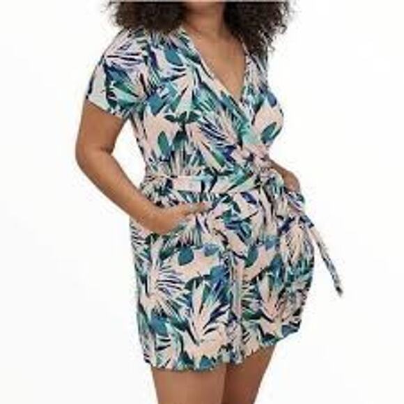 torrid Pants - Torrid Super Soft Surplice Front Tie Romper Pink Palm Hawaiian